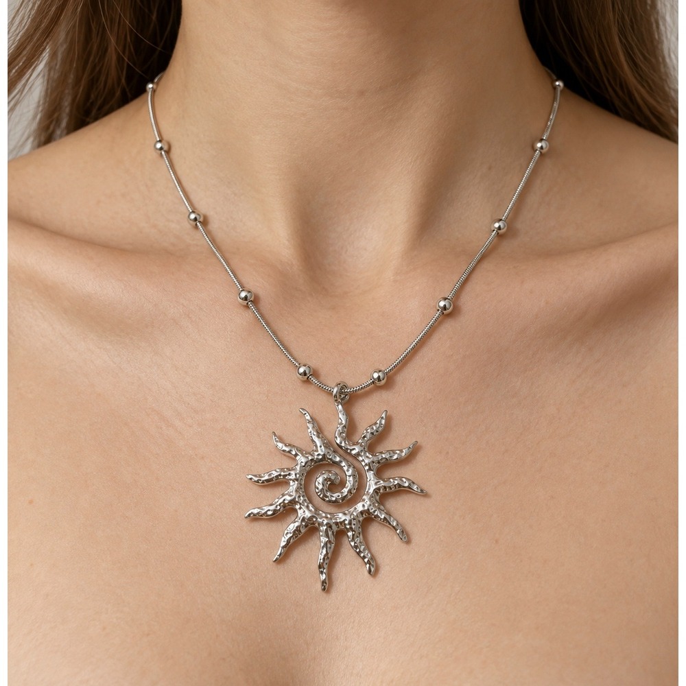 Silver Sunburst Spiral Pendant Necklace Stainless Steel Celestial Jewelry J10